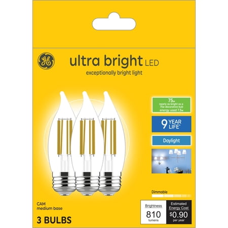GE Ultra Bright LED 75 Watt Replacement, Daylight, CA11 Deco - Candle Bulbs (3 Pack)