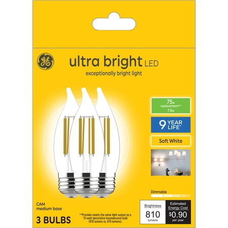 GE Ultra Bright LED 75 Watt Replacement, Soft White, CA11 Deco - Candle Bulbs (3 Pack)