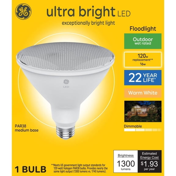 GE Ultra Bright LED 120 Watt Replacement, Warm White, PAR38 Outdoor Floodlight Bulb (1 Pack)
