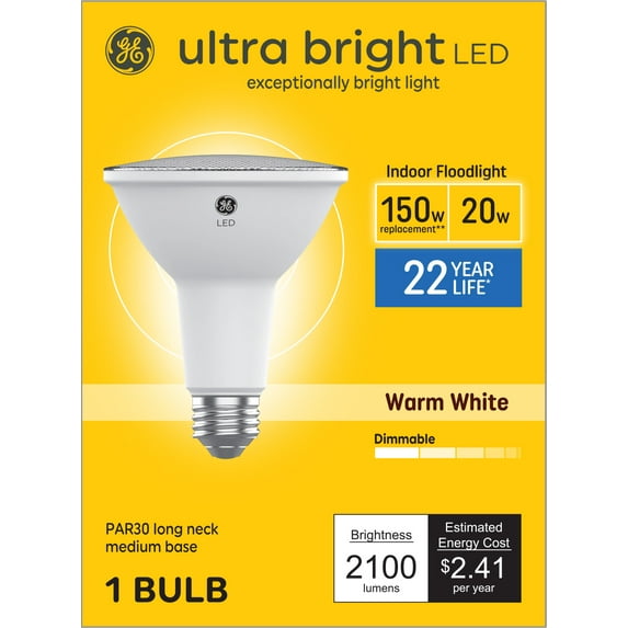 GE Ultra Bright LED Floodlight Bulb, 150 Watt Eqv, Warm White, PAR30 Long Neck Bulb