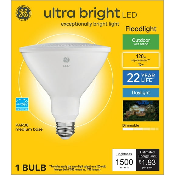 GE Ultra Bright LED Light Bulb, 120 Watt, Daylight, PAR38 Floodlight, Medium Base, Clear Finish