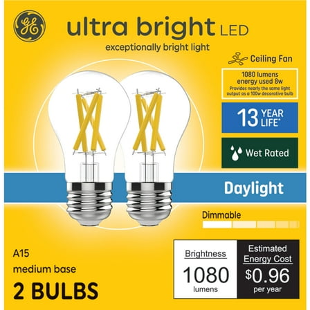 GE Ultra Bright LED Light Bulbs, 100 Watt, Daylight, A15 Ceiling Fan Bulbs, Medium Base, Clear Finish, 2pk
