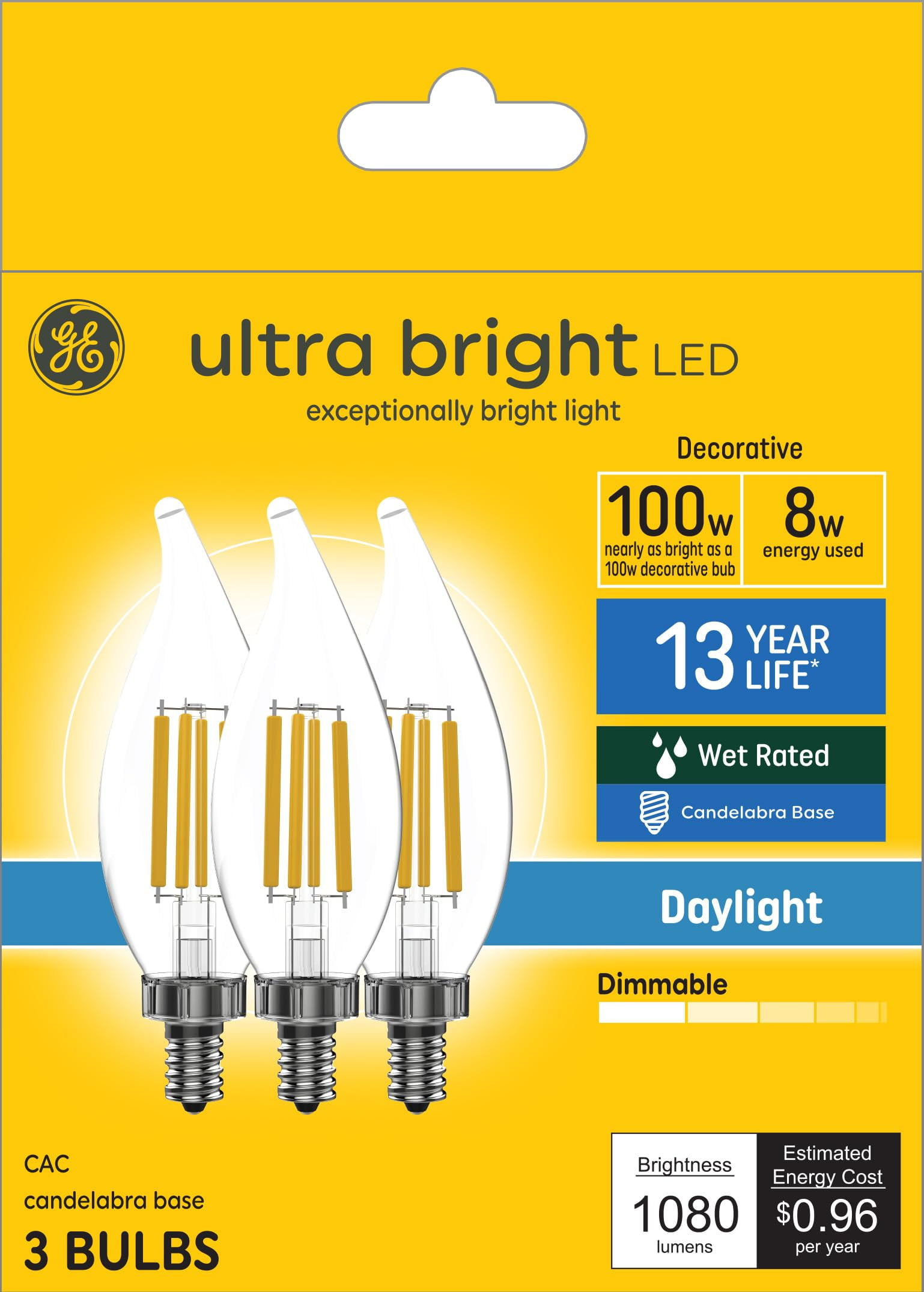 GE Ultra Bright LED Light Bulbs, 100 Watt, Daylight, CA12 Decorative