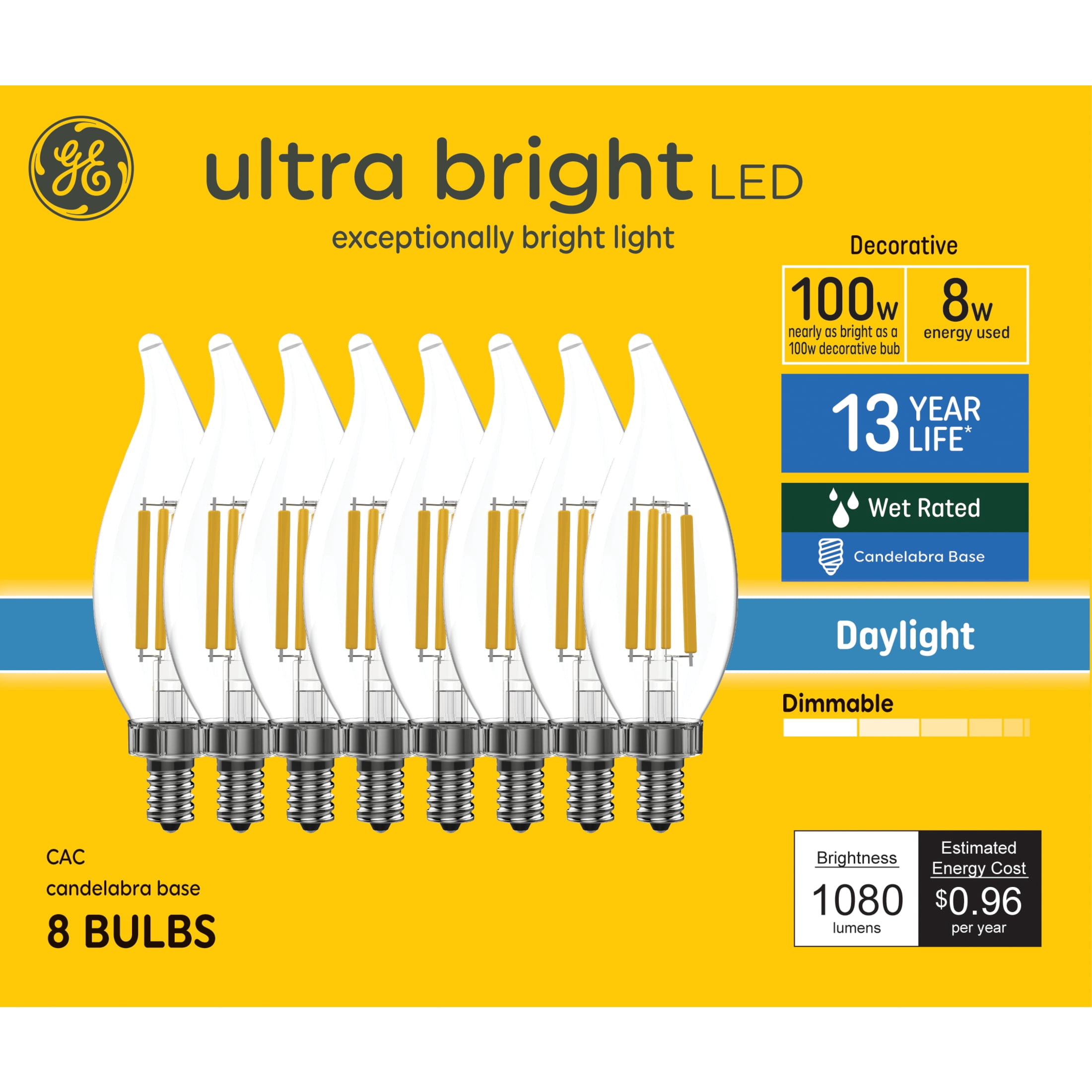 GE Ultrabright LED Light Bulbs, CAC Decorative Candle Bulbs, 100 Watt Replacement, Daylight (8 Pack)