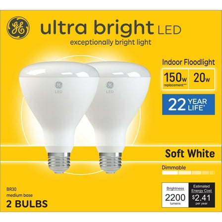 GE Ultra Bright LED Light Bulbs, 150 Watt, Soft White, BR30 Indoor Floodlight, Medium Base, Frosted, 2pk