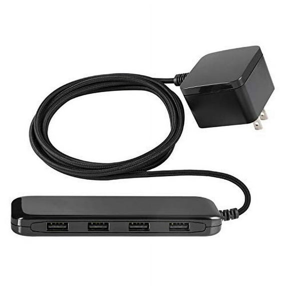 GE Ultra Pro 4 Port USB Extension Strip, 6 Ft Braided Cord, Slim Charger, Charging Station, 24W Total Power, For iPhone 12/11/Pro/Max/Xs/XR/X, iPad, Samsung Galaxy S21/S10/S9, Black, 54734,