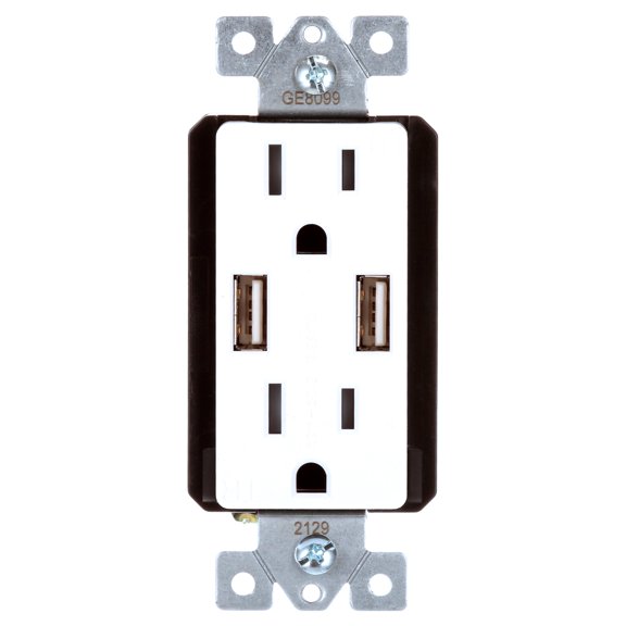 GE UltraPro 2-Outlet, 2-USB in-Wall Receptacle, White/Light Almond, 15A - 40405