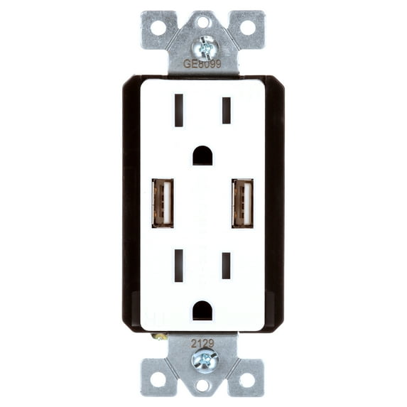 GE UltraPro 2-Outlet, 2-USB in-Wall Receptacle, White/Light Almond, 15A - 40405