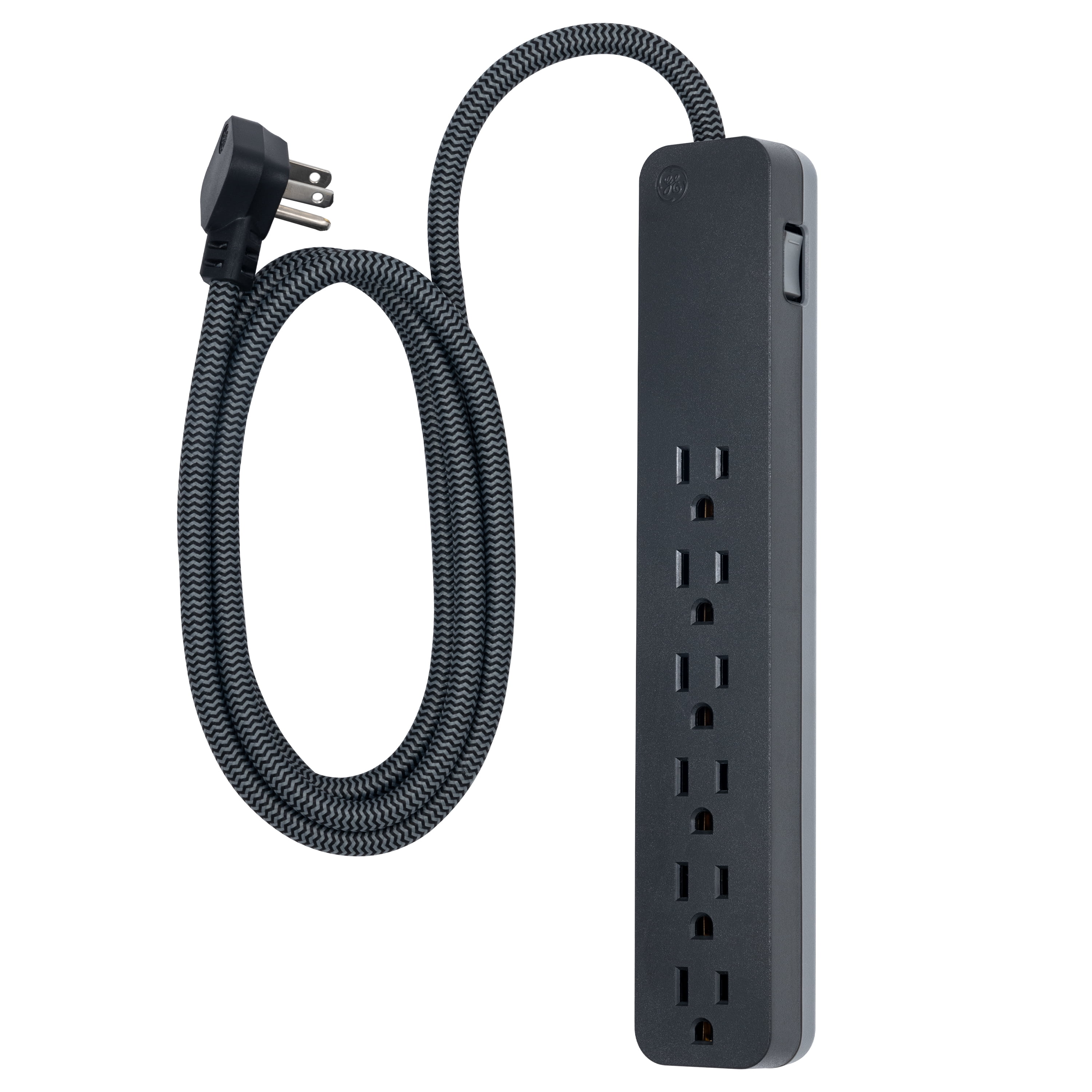GE UltraPro 6 Outlet Surge Protector, 6 ft Braided Cord, Black, 45271