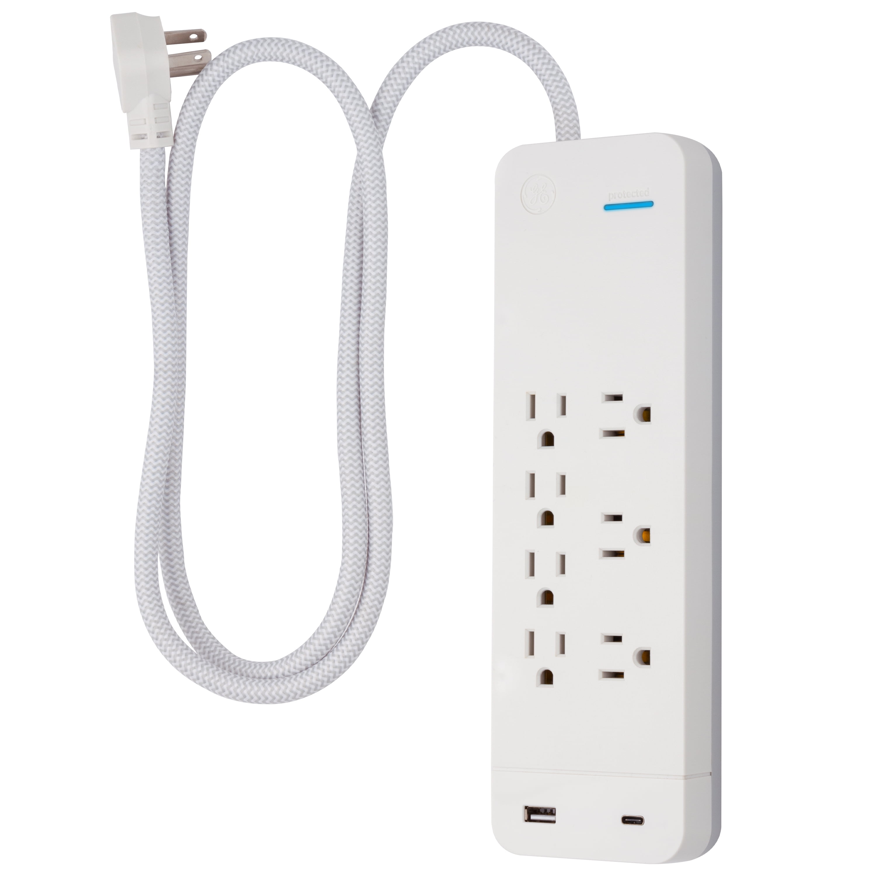 GE UltraPro 7 Outlet 1 USB & USB-C Surge Protector, 4 ft Cord, White, 41355