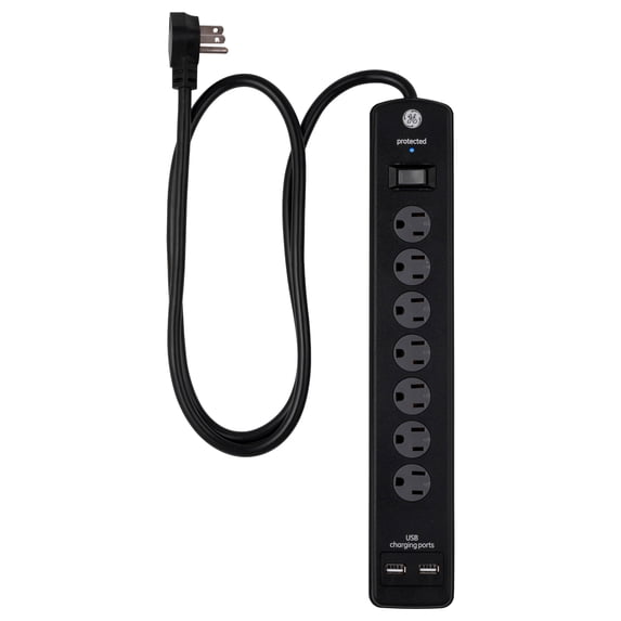 GE UltraPro Grounded 7-Outlet 2-USB Port Power Strip Surge Protector, 4 ft, Black, 40482