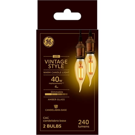 GE Vintage Style LED Decorative Light Bulbs, 40 Watt Eqv, Amber Finish, Candelabra Base, 2pk
