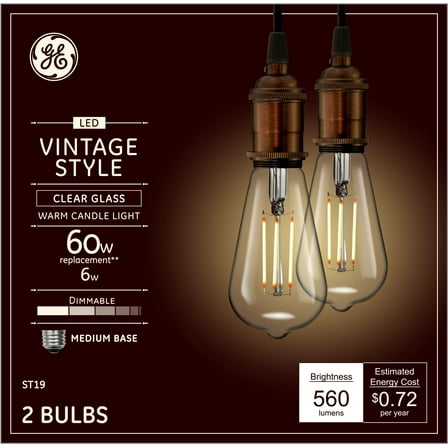 GE Vintage Style LED Edison Light Bulbs, Clear Glass, Warm Candle Light, ST19 Bulb, 2pk