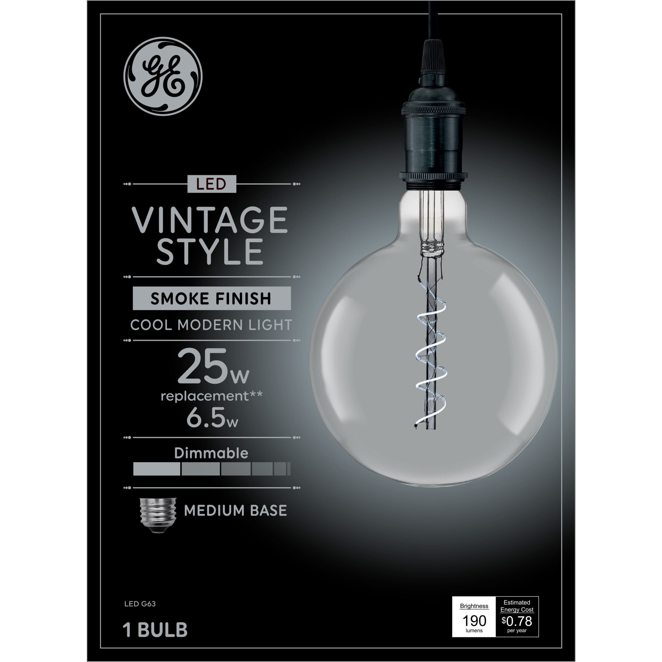 GE Vintage Style LED Light Bulb, 25 Watt, Smoke, G63 Globe Bulb, Medium Base