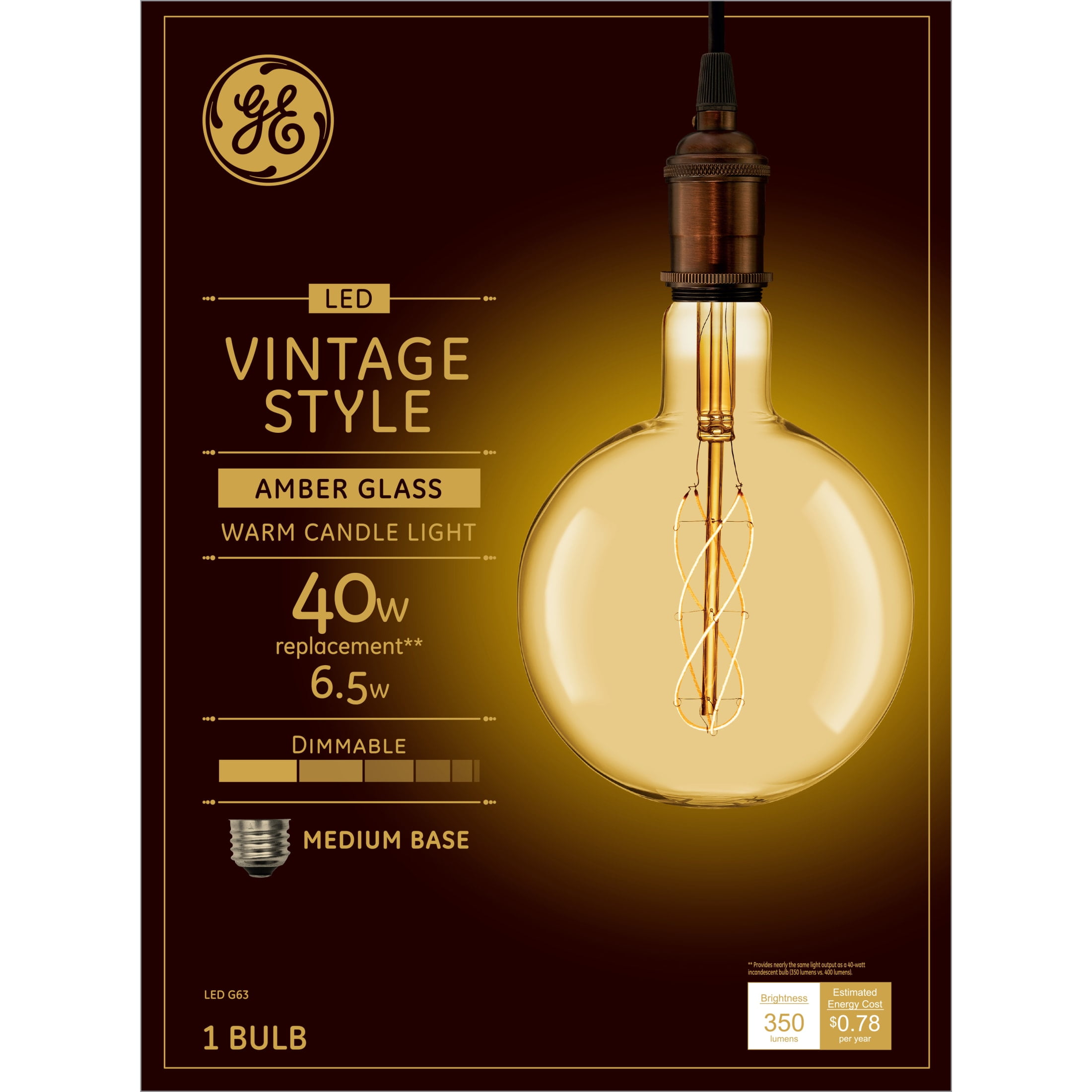 GE Vintage Style LED Light Bulb, 40 Watts, G63 Globe Bulbs, Medium Base