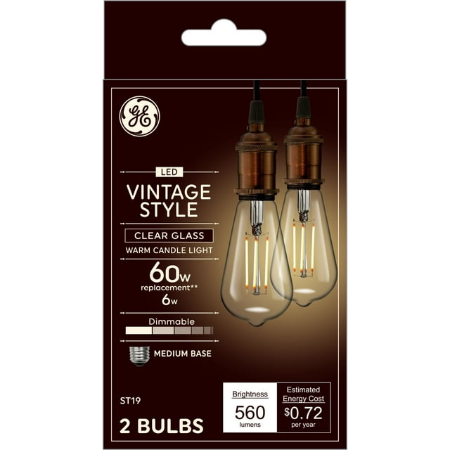 GE Vintage Style LED Light Bulbs, 60 Watt, ST19 Edison Bulbs, Medium Base, 2pk