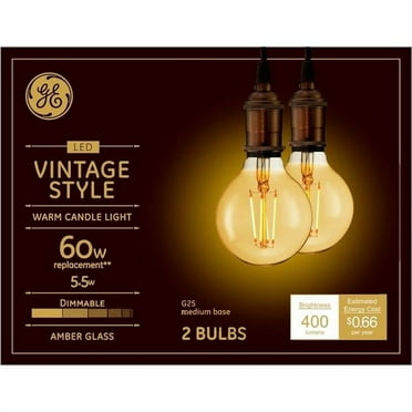GE Vintage Style LED Light Bulbs, Globe Bulb Shape, Amber Glass Finish, Warm Candle Light, 60 Watt Equivalent, Medium Base, Dimmable (2 Pack)