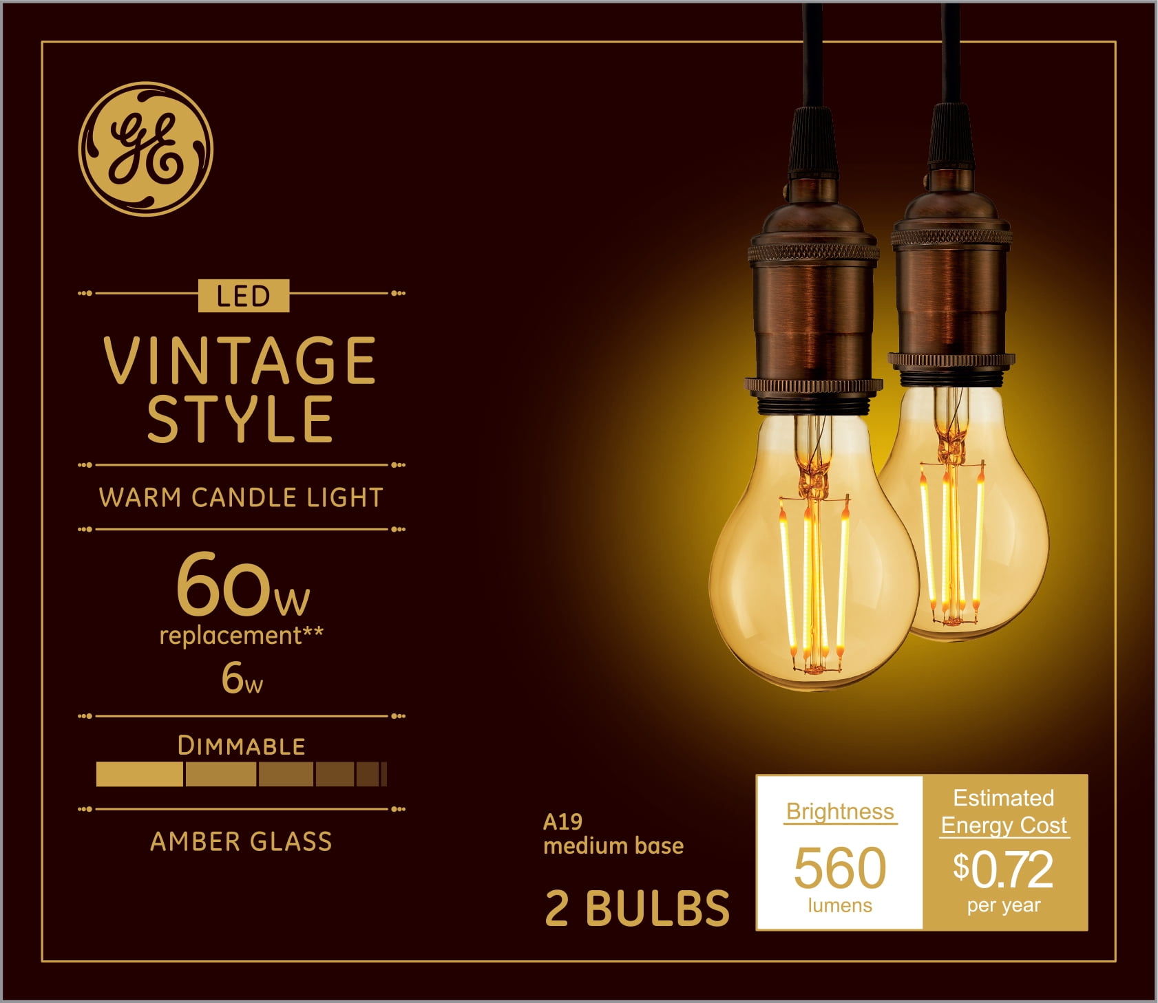 GE Vintage Style LED Light Bulbs, Globe Style Bulbs, Amber Glass Finish, Candle Light, 60 Watt Equivalent, Medium Base, Dimmable (2 Pack) - Walmart.com