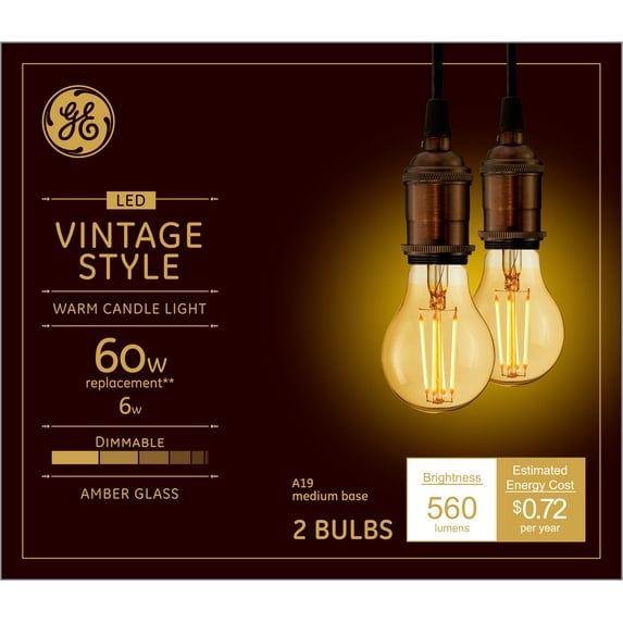 GE Vintage Style LED Light Bulbs, Globe Style Bulbs, Amber Glass Finish, Warm Candle Light, 60 Watt Equivalent, Medium Base, Dimmable (2 Pack)