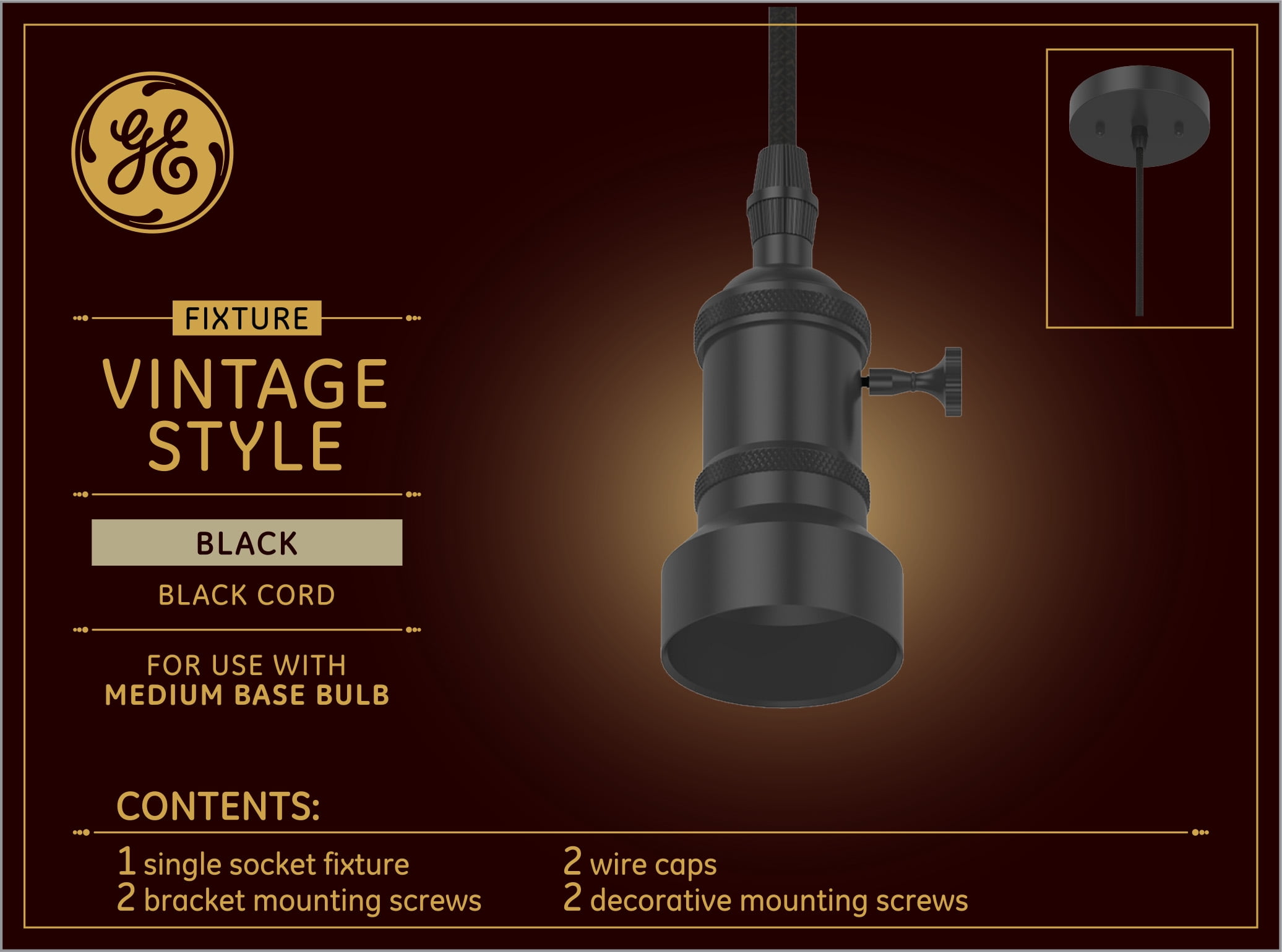 GE Vintage Style Matte Black Pendant Fixture, Black Cord, For Use with Medium Base Light Bulbs (1 Pack)