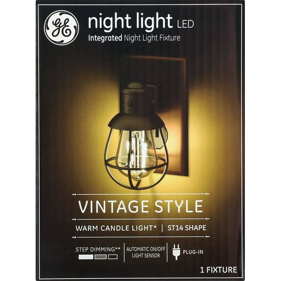 GE Vintage Style Night Light Plug-In Fixture, Decorative Farmhouse Style, Warm Candlelight, Automatic On/Off Light Sensor, Step Dimming, Energy Efficient LED (1 Pack)