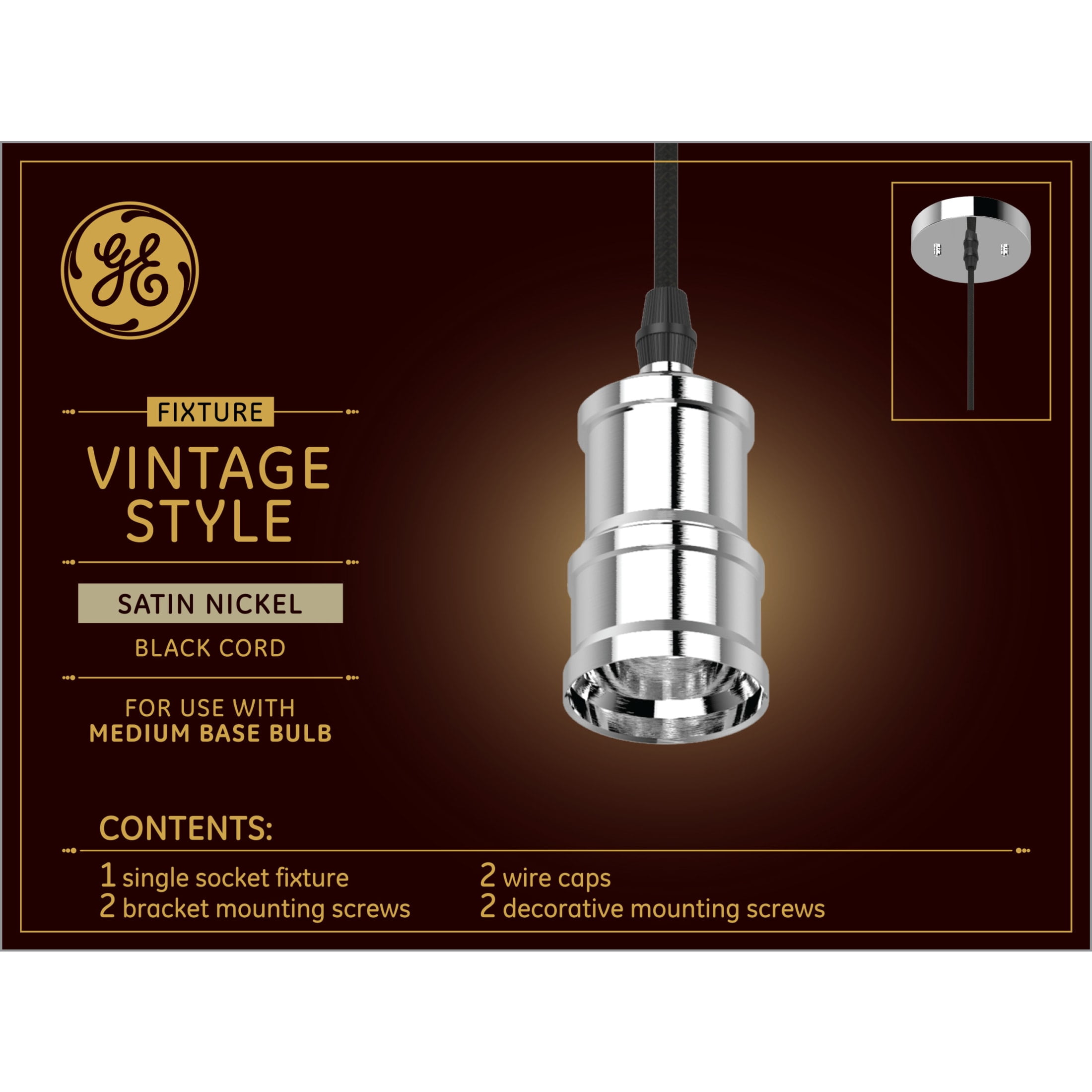 Satin Nickel Vintage Pendant Light with Black Cord