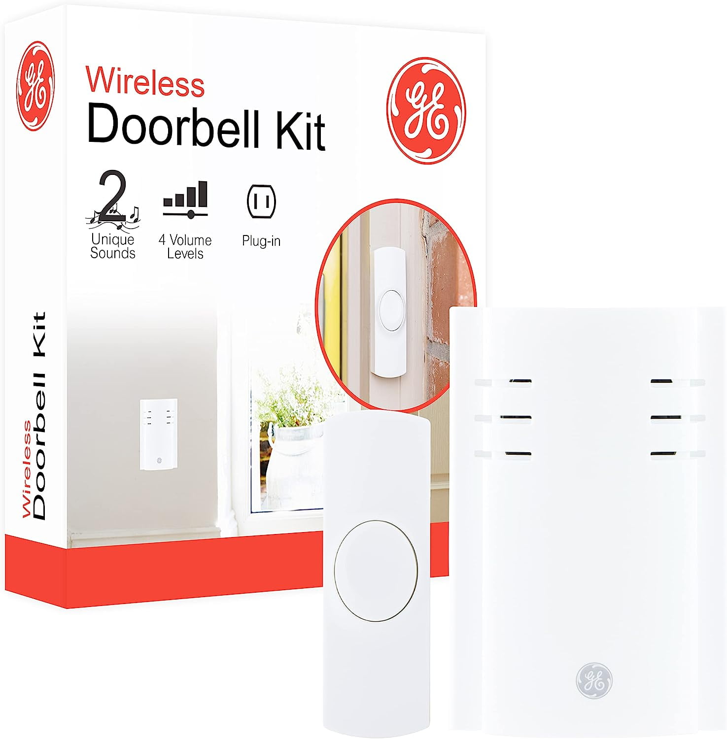 GE Wireless Doorbell Kit, PlugIn Receiver, 1 Push Buttons Door Bell, 2