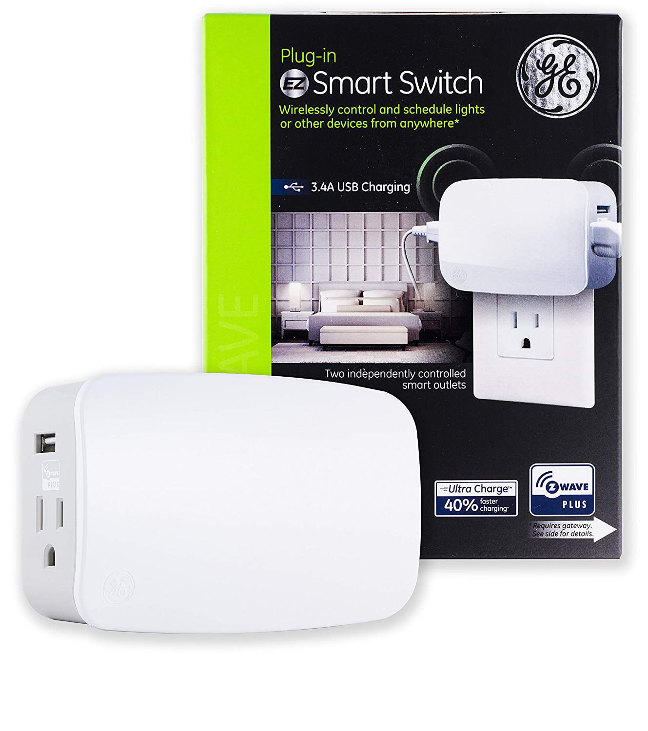 GE Z-Wave Plus 2-Outlet 2-Port USB Plug-In Smart Switch, Z-Wave Hub  Required, 28177 