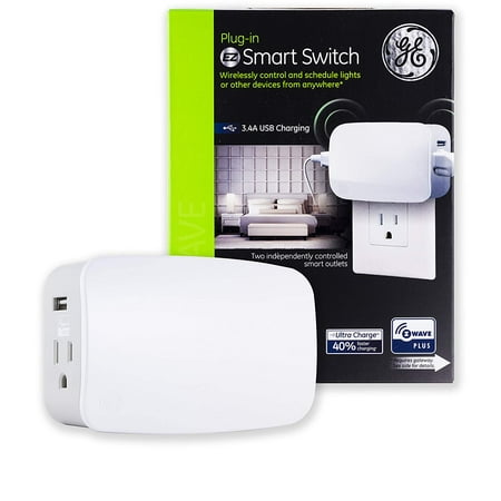 GE Z-Wave Plus 2-Outlet 2-Port USB Plug-In Smart Switch, Z-Wave Hub Required, 28177