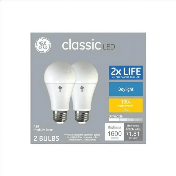 GE classic LED 100 watt equivalent A19 Daylight Dimmable LED (2 bulbs)
