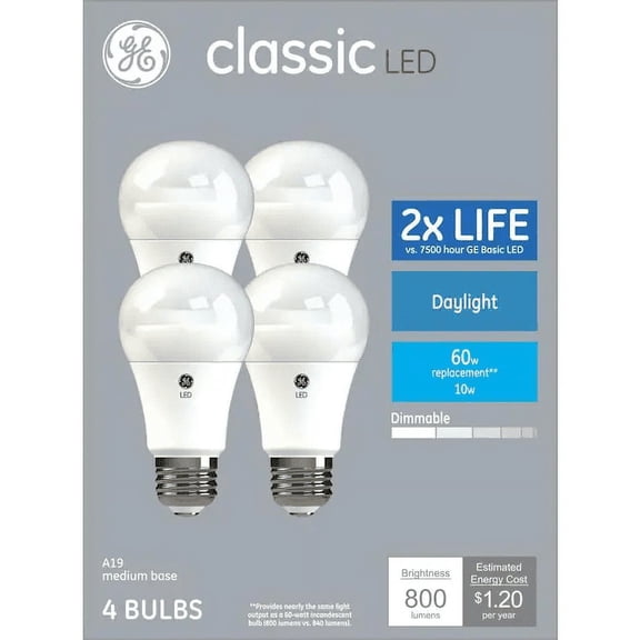 GE classic LED 60 watt equivalent A19 Daylight Dimmable LED light bulbs (4 pack)