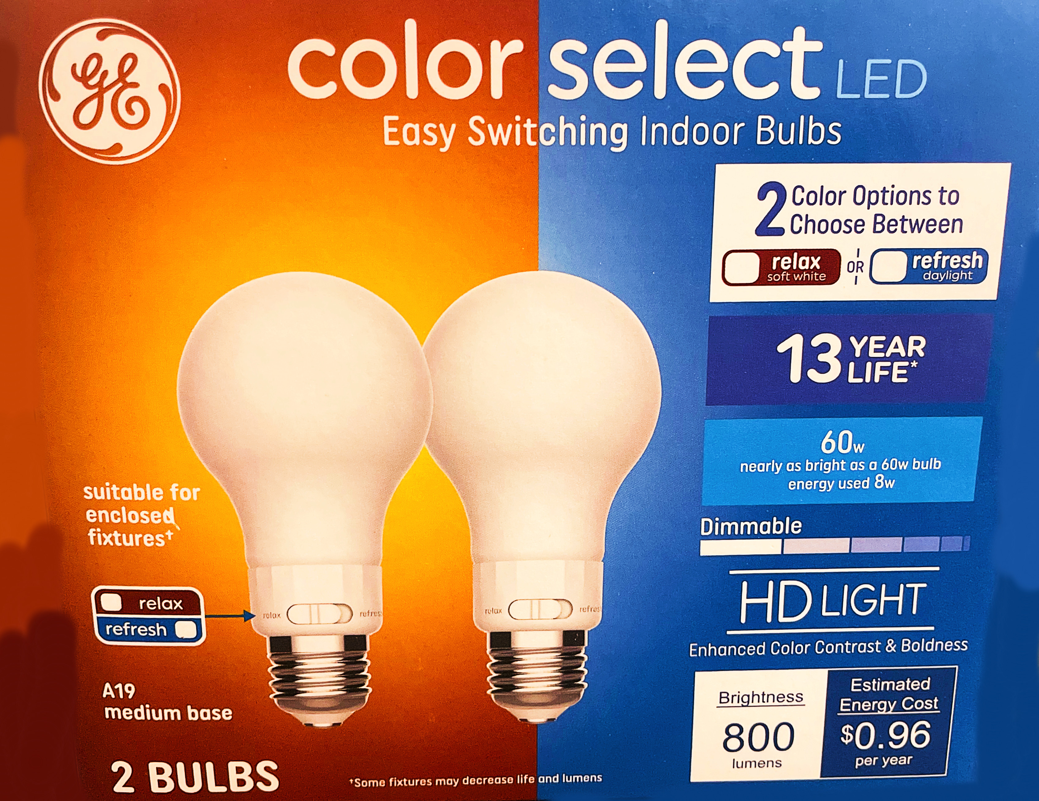 GE color select LED Easy Switching Indoor LED Light Bulbs, A19, relax or refresh, 2 color