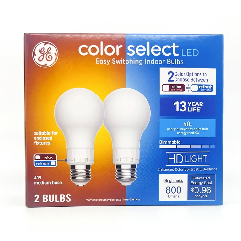 GE Color Select LED Easy Switching Indoor LED Light Bulbs A19 Relax or Refresh 2 Color Options On Each Bulb HD Light Dimmable 800 Lumens 60