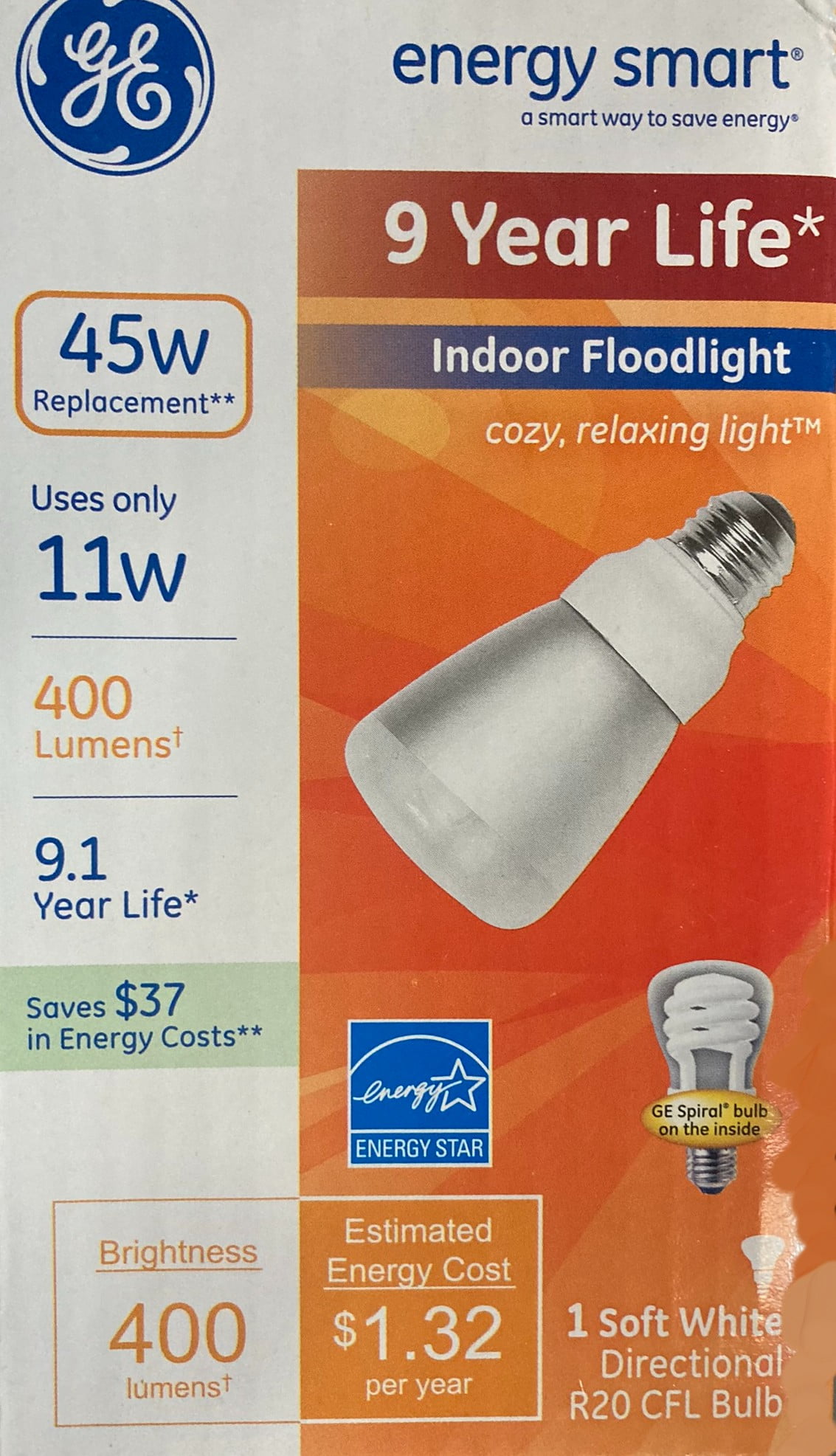 GE energy smart CFL R20, 400 lumens, 45 watt equivalent, soft white
