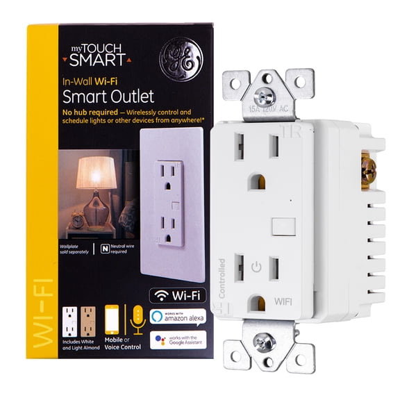 GE myTouchSmart Wi-Fi Smart Outlet Receptacle, 40795-S1, White and Light Almond