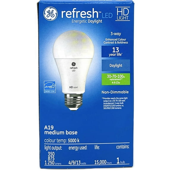 GE refresh LED 3-way Light Bulb, A19 shape, 4, 9, 13 watt emitting 350, 875 and 1250 lumens, Energetic Daylight 5000K, HD Light-- enhanced color contrast & boldness, 3 way LED Light Bulb