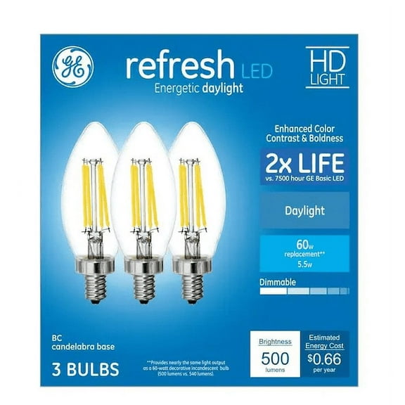 GE refresh LED 60 watt equivalent BC Daylight Dimmable Candle Light Bulb (3 pack)