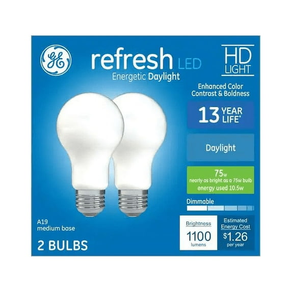 GE refresh LED 75 watt equivalent A19 Daylight Dimmable LED Light Bulb (2 pack)