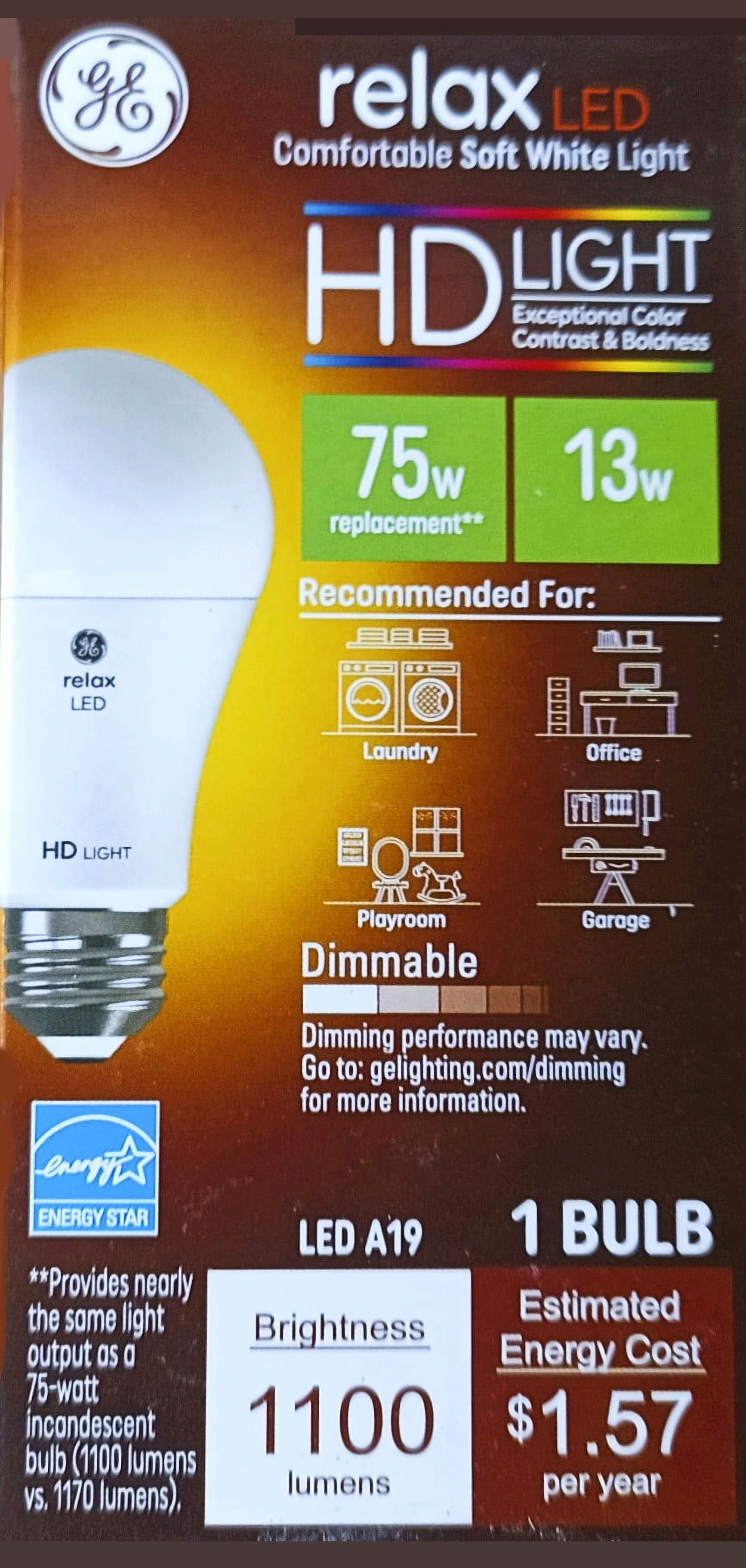 GE relax LED A19 , 75 watt equivalent uses only 13 watts, 1100 lumens