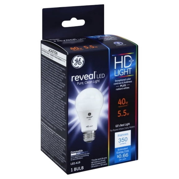 GE reveal LED A19 LED Light Bulb, 5.5 watt, 350 lumen, 40 watt replacement, Dimmable, HD Light, radiant whites, exceptional contrast and boldness