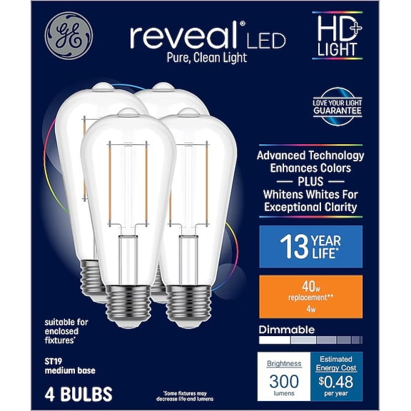 GE reveal LED ST19, pure clean HD light, 4 watt, 300 lumen, dimmable, GE's best light technology, medium base, 4 bulbs