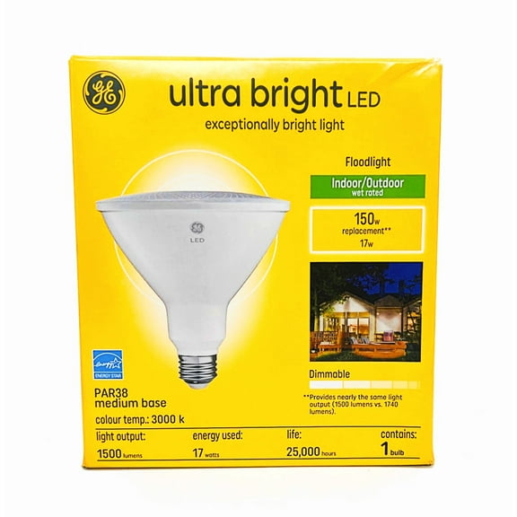 GE ultra bright LED PAR38 floodlight, warm white, 1500 lumens of brilliance, 17 watts, Indoor-Outdoor, wet rated, Dimmable, medium base LED flood light