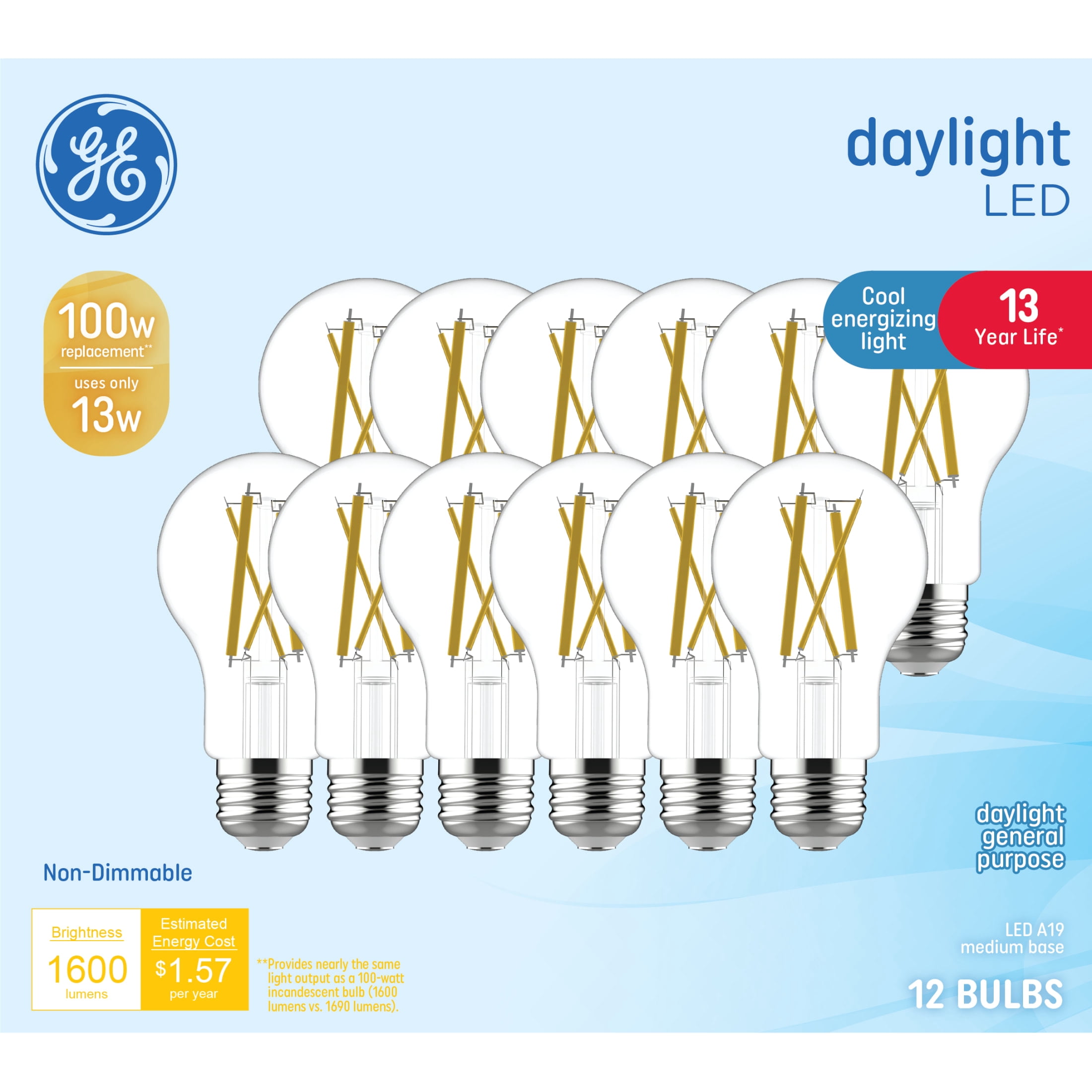 GE General Purpose Clear A19 LED Light Bulbs, 100 Watt Replacement, Daylight (12 Pack)