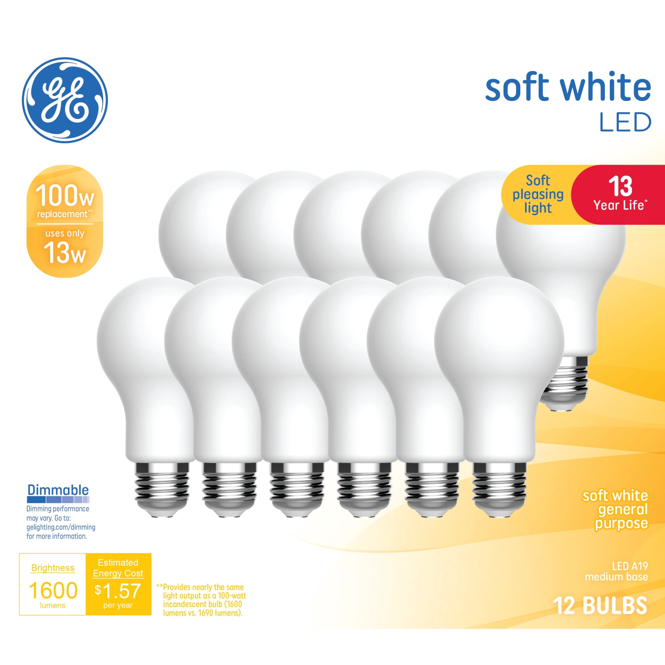 GE General Purpose, Frosted A19 LED Light Bulbs, 100 Watt Replacement, Soft White (12 Pack)