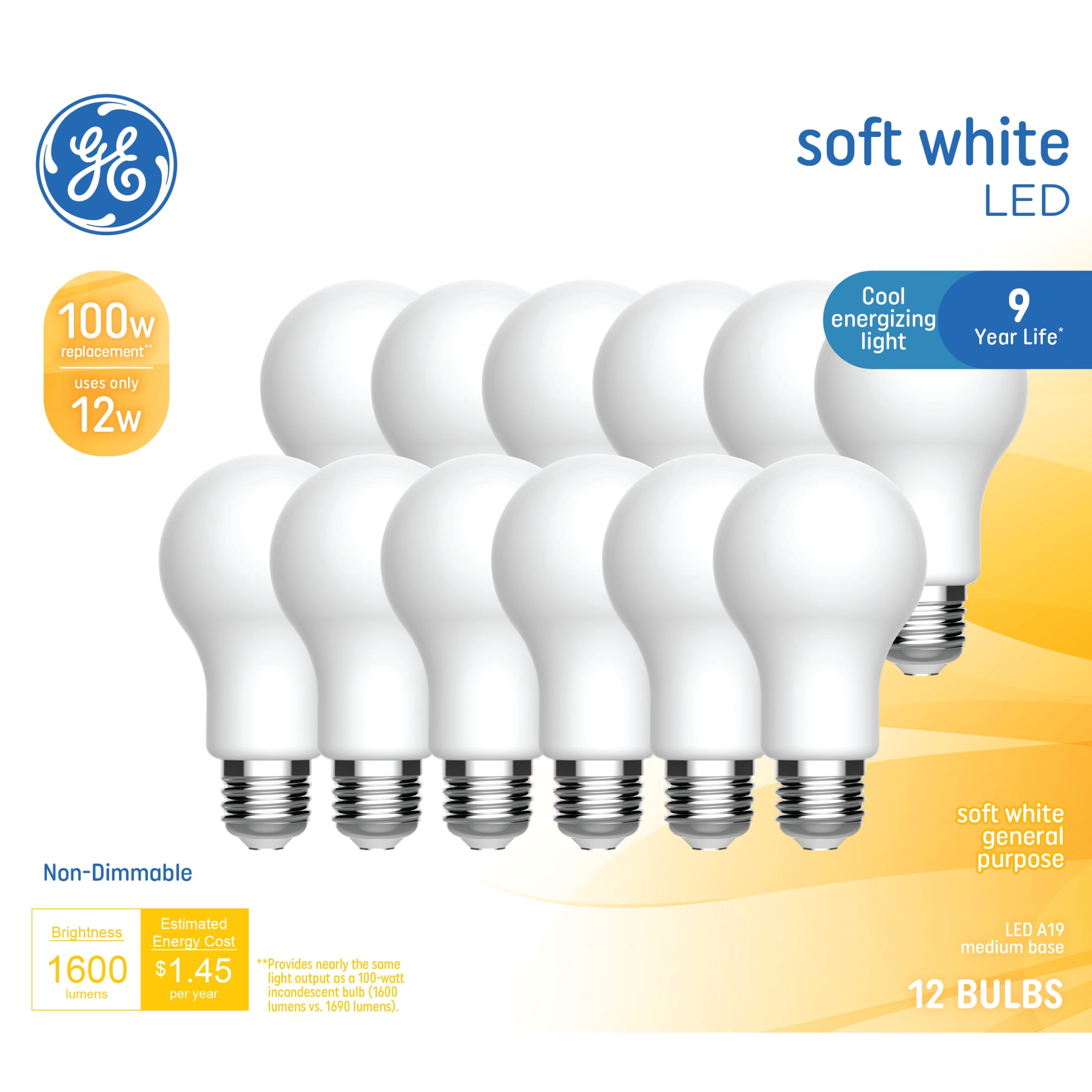 GE General Purpose LED 100 Watt Replacement, Soft White, A19 Frosted Bulbs (12 Pack)