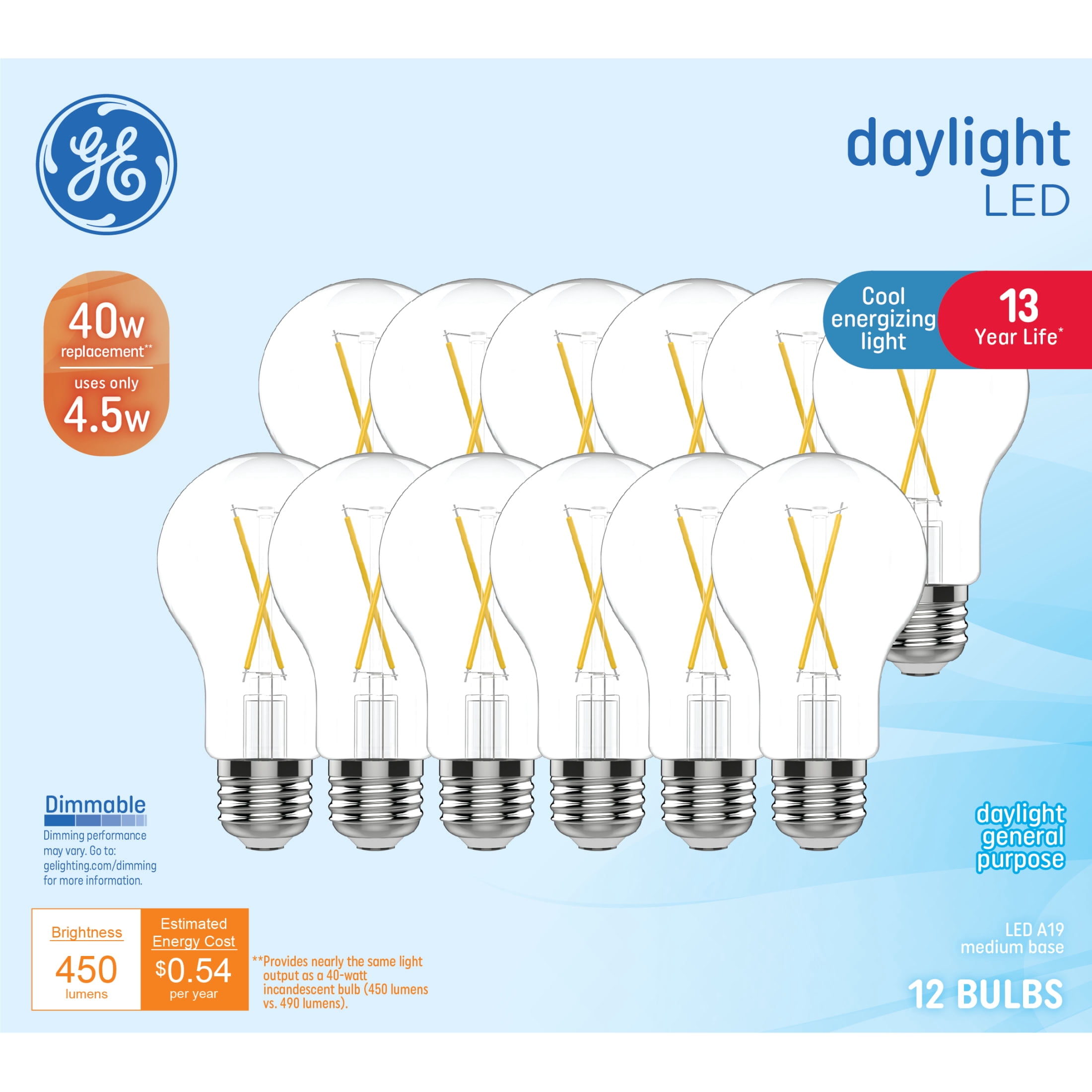 GE General Purpose Bulbs A19 LED Light Bulbs, 40 Watt Replacement, Daylight (12 Pack)