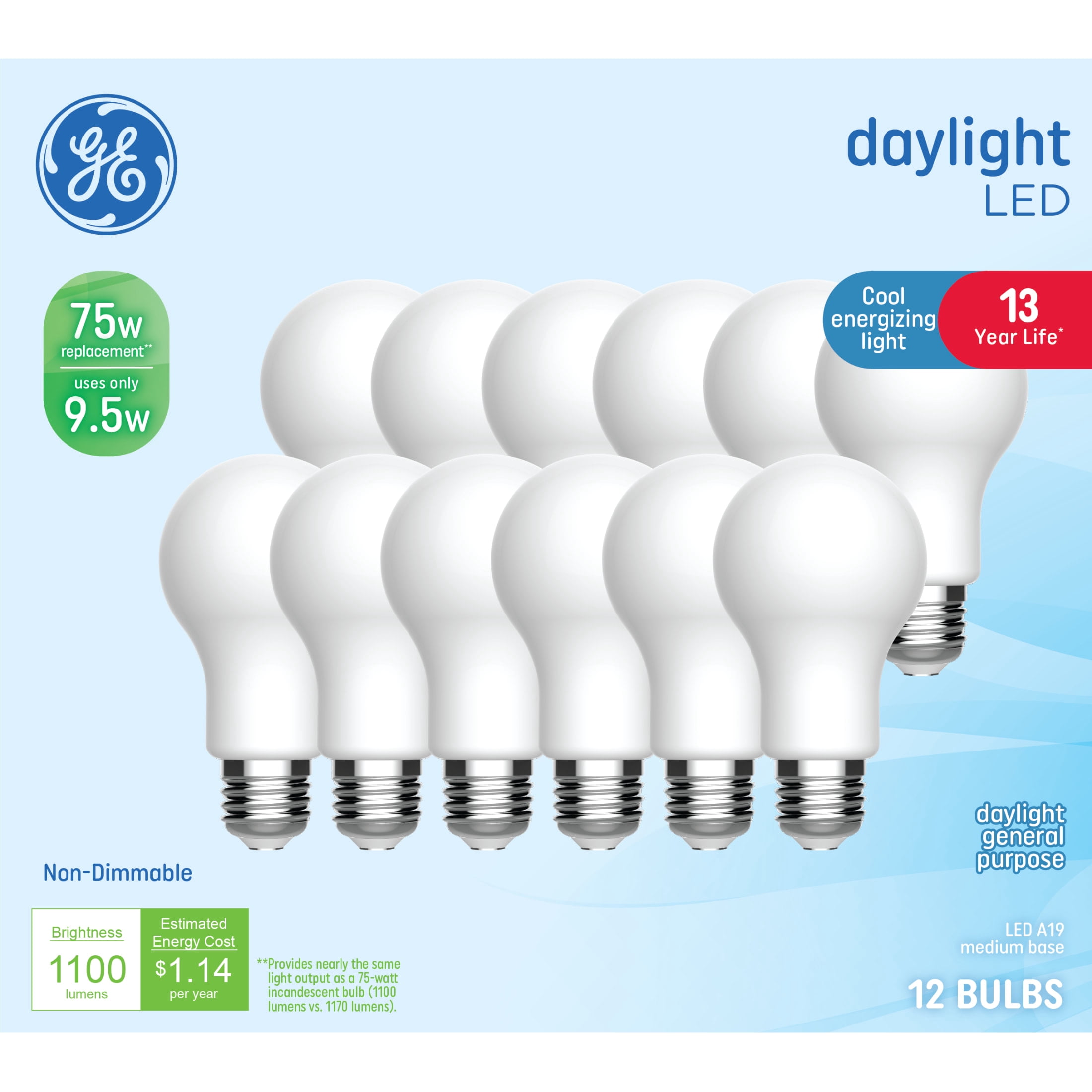 GE General Purpose Bulbs A19 LED Light Bulbs, 75 Watt Replacement, Daylight (12 Pack)