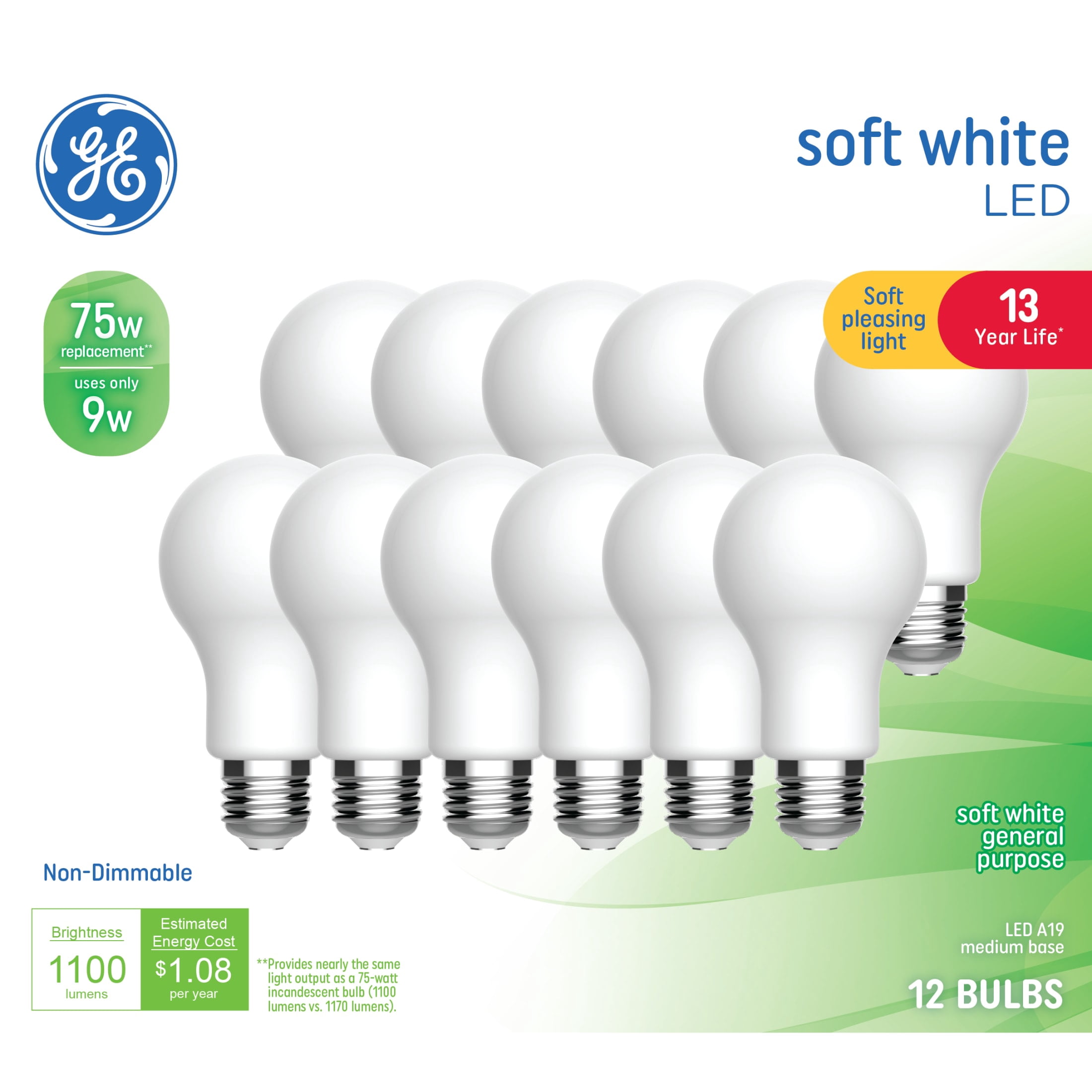 GE General Purpose, Frosted A19 LED Light Bulbs, 75 Watt Replacement, Soft White (12 Pack)