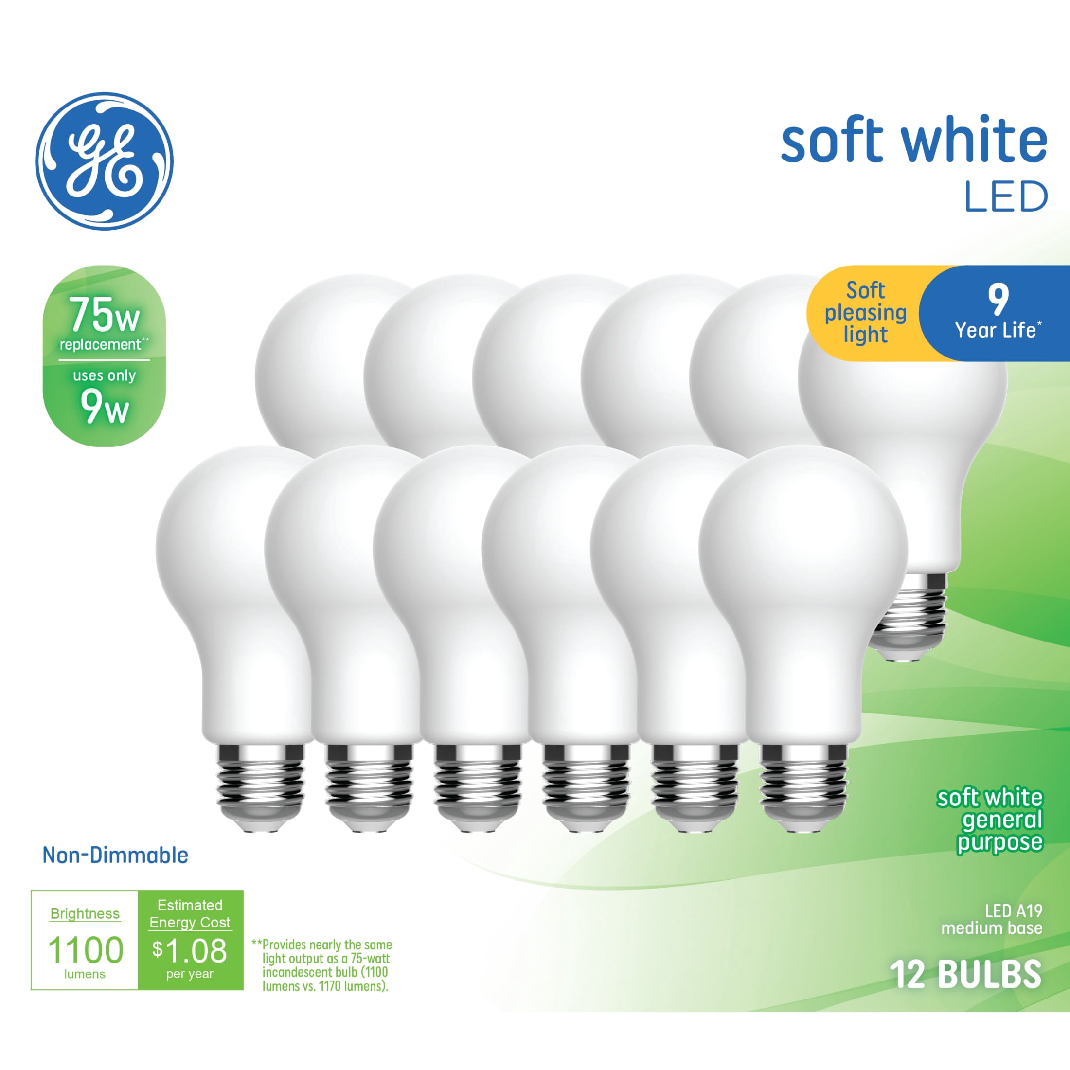 GE General Purpose LED 75 Watt Replacement, Soft White, A19 Frosted Bulbs (12 Pack)