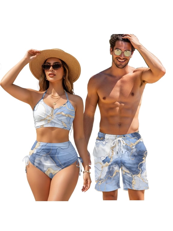 GEA-Psesaysky Matching Swimsuits for Couples Blue Golden Marble Bikini Sets for Women Sexy Cross Front Swimwear or Mens Beach Shorts 2 Piece Bathing Suit Family Bathing Suits Matching Sets-2XL